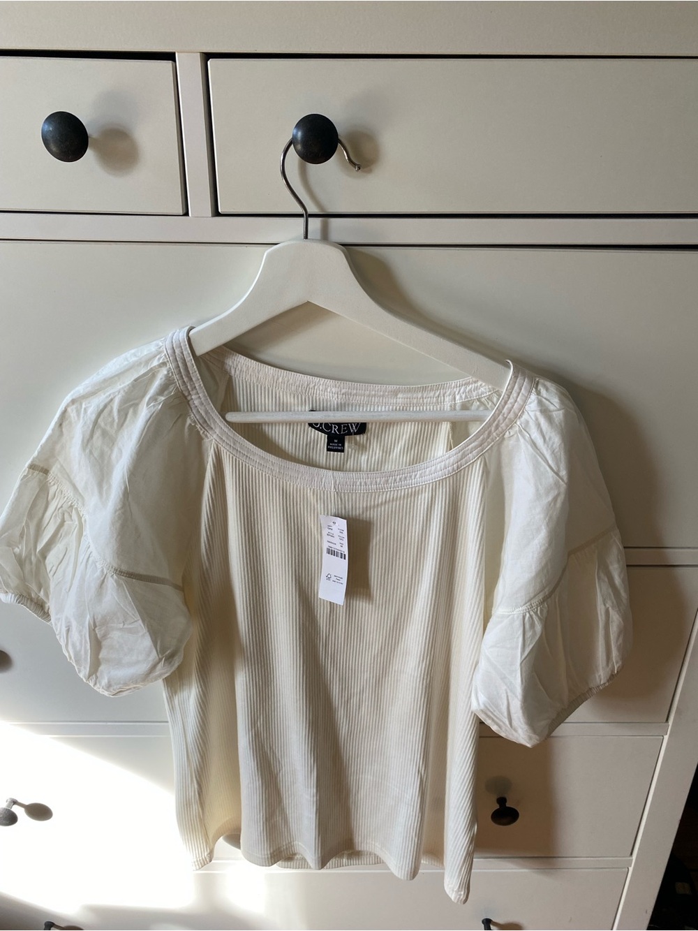 J. Crew Ivory Puff-Sleeve Ribbed T-Shirt